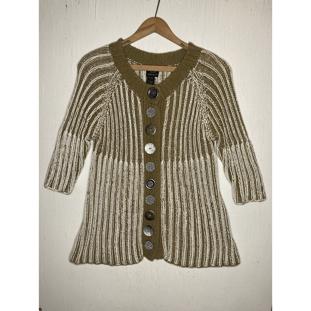 Pure Handknit Womens Cardigan Sweater L /XL Olive White Chunky Ribbed Buttons